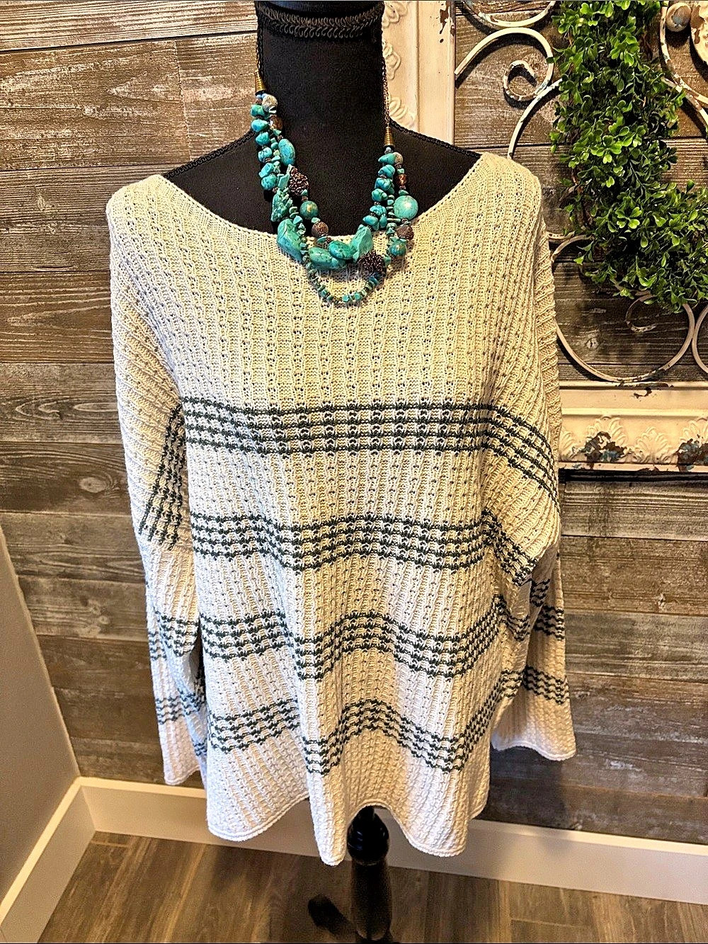 NWT Becool (Size XL) Striped Waffle Knit Sweater in Cream & Olive Green